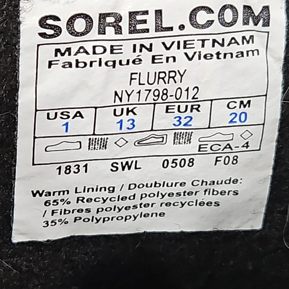 Sorel Flurry Youth 1 Black Winter Snow Boots Insulated Wool‎ Lined NY1798-012